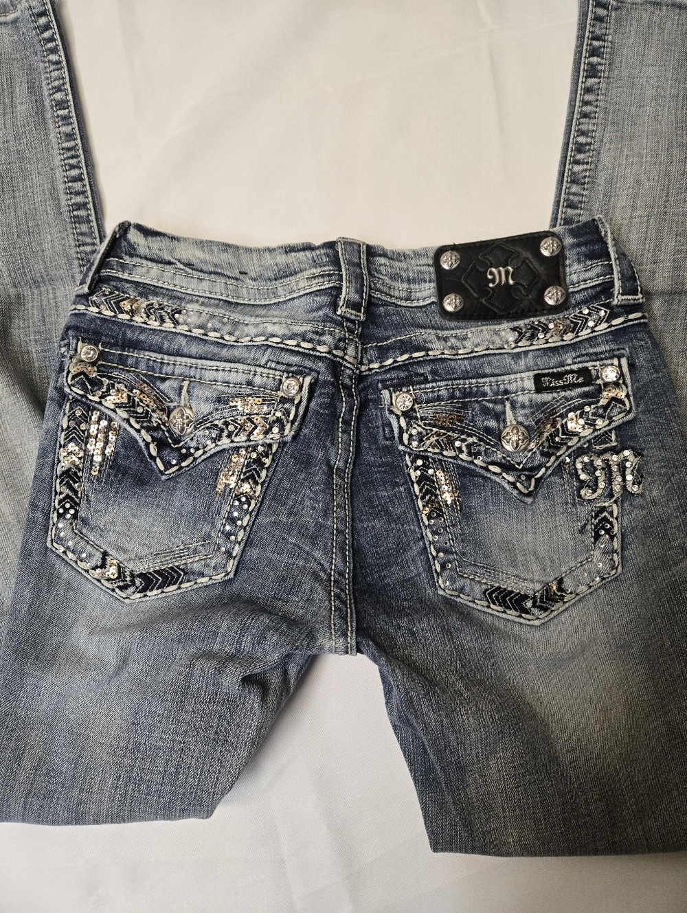 Miss Me Womens Size 28 Denim Straight Jeans Embellished Rhinestones Y2k Light - Picture 3 of 8
